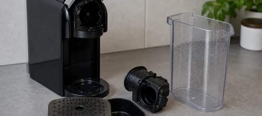 Kaffeekapselmaschinen gruendlich reinigen: Bruehkopf, Abtropfschale und Wassertank