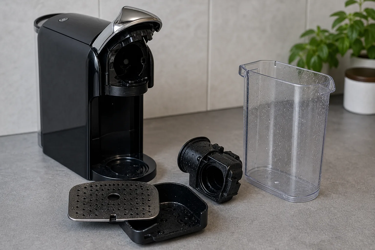 Kaffeekapselmaschinen gruendlich reinigen: Bruehkopf, Abtropfschale und Wassertank